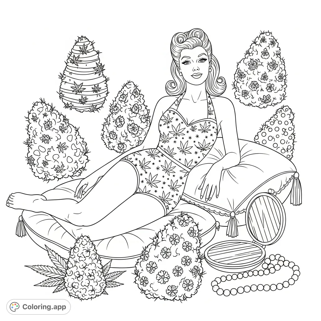 A glamorous 50s pinup model in a halter-neck swimsuit with cannabis leaf patterns, reclining with unique cannabis buds and vintage accessories.