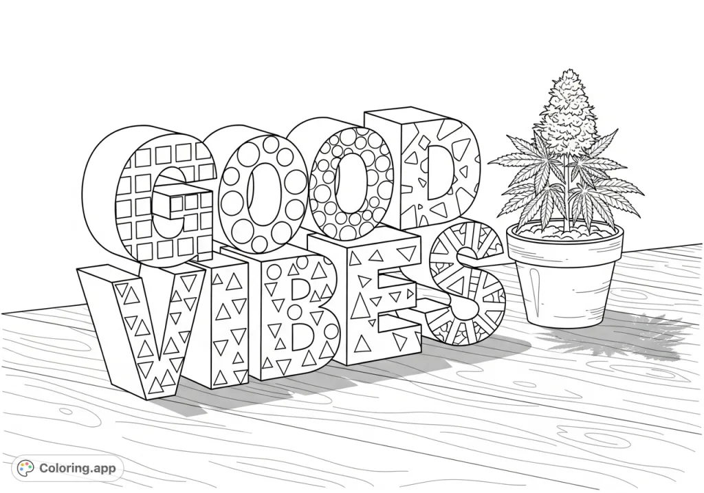 Bring 'Good Vibes' to life with this unique coloring page featuring bold 3D letters, each with geometric patterns, displayed on a rustic wooden table next to a cannabis plant.