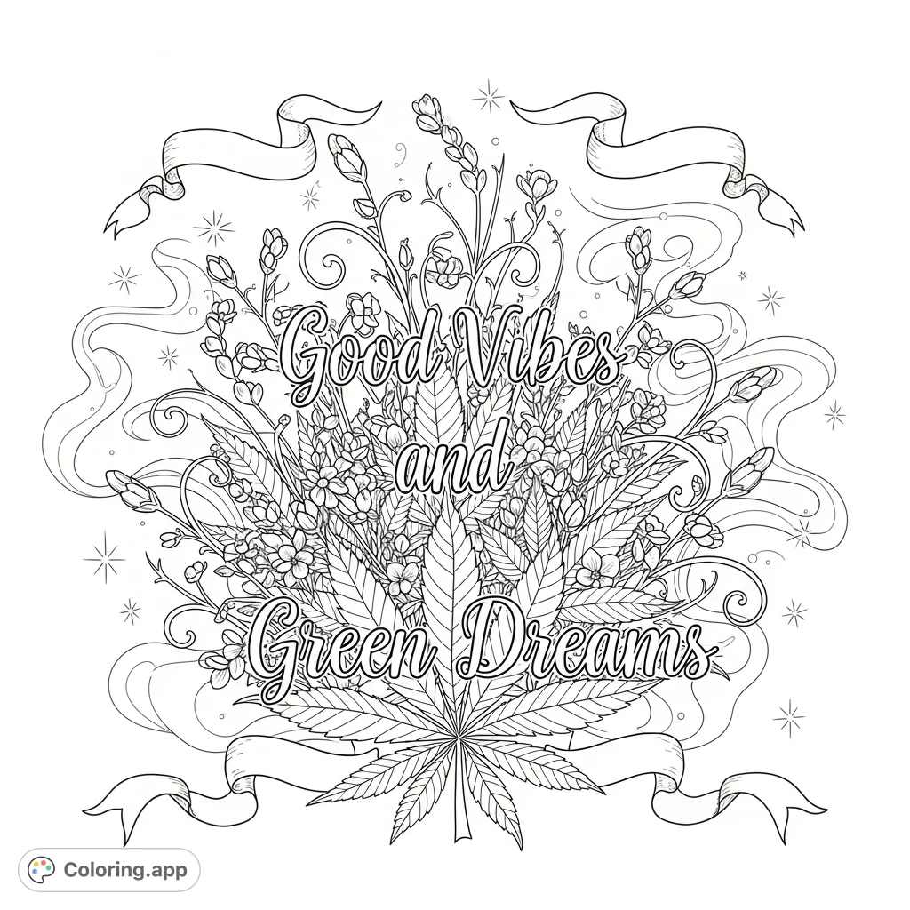 A detailed botanical illustration featuring cannabis leaves, delicate flowers, ethereal smoke, luminous starbursts, and the quote "Good Vibes and Green Dreams."