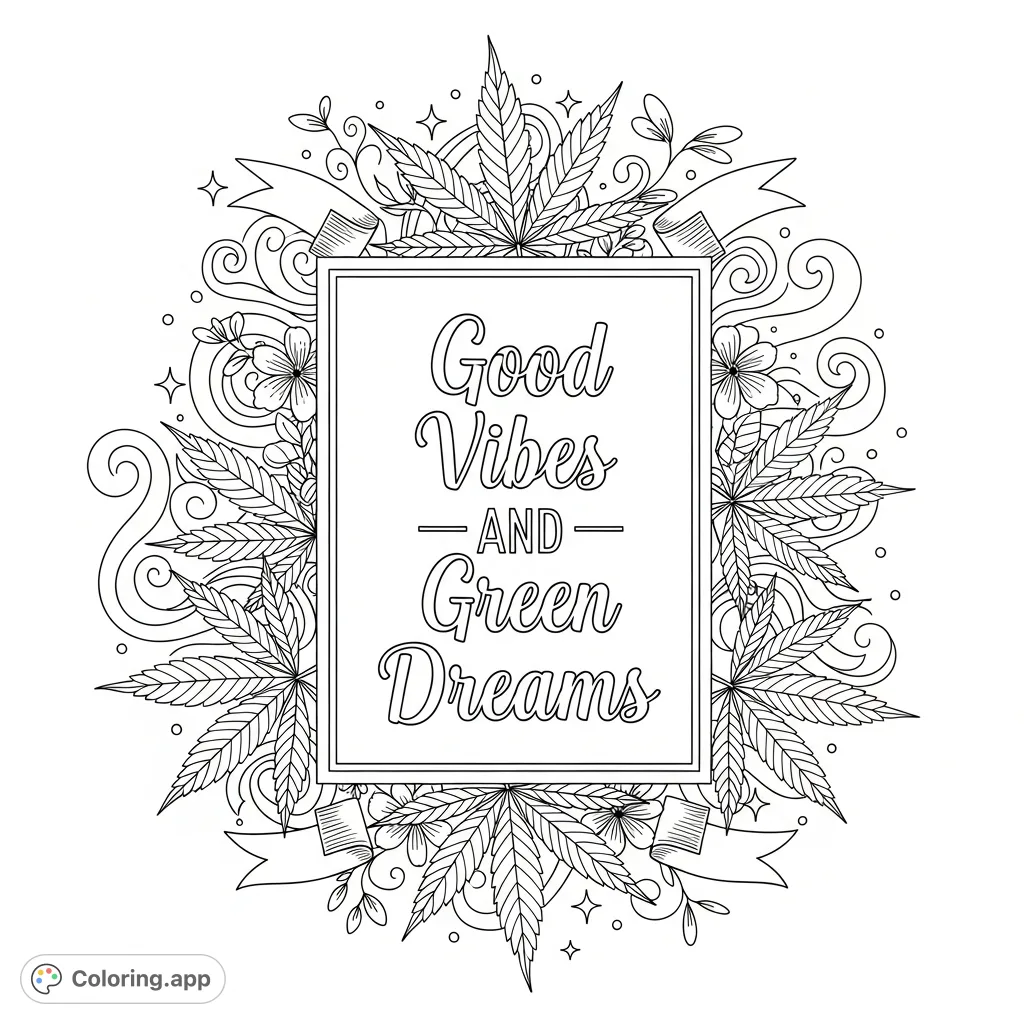 Embrace tranquility with this "Good Vibes and Green Dreams" coloring page. Features stylized cannabis leaves, delicate flowers, and swirling smoke patterns.