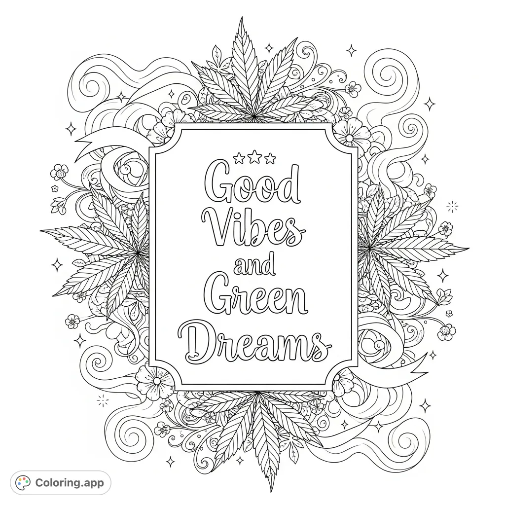 A decorative quote 'Good Vibes and Green Dreams' surrounded by whimsical cannabis leaves, delicate flowers, and swirling patterns for a relaxing coloring experience.