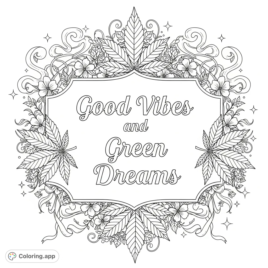 An intricate coloring page featuring the quote "Good Vibes and Green Dreams" framed by interwoven cannabis leaves, blossoms, and swirling smoke. Perfect for adults.