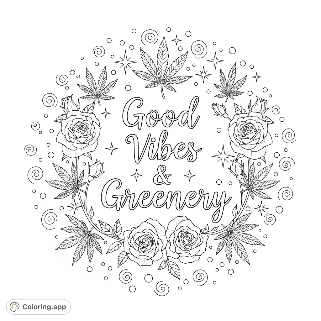 An elegant "Good Vibes & Greenery" script surrounded by intricately woven cannabis leaves, blooming roses, starbursts, and whimsical patterns for adults.