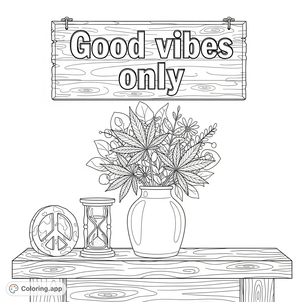 A rustic mantelpiece adorned with a ceramic vase holding stylized cannabis leaves and abstract flowers, a peace sign, hourglass, and a 'Good vibes only' plaque. A relaxing scene.