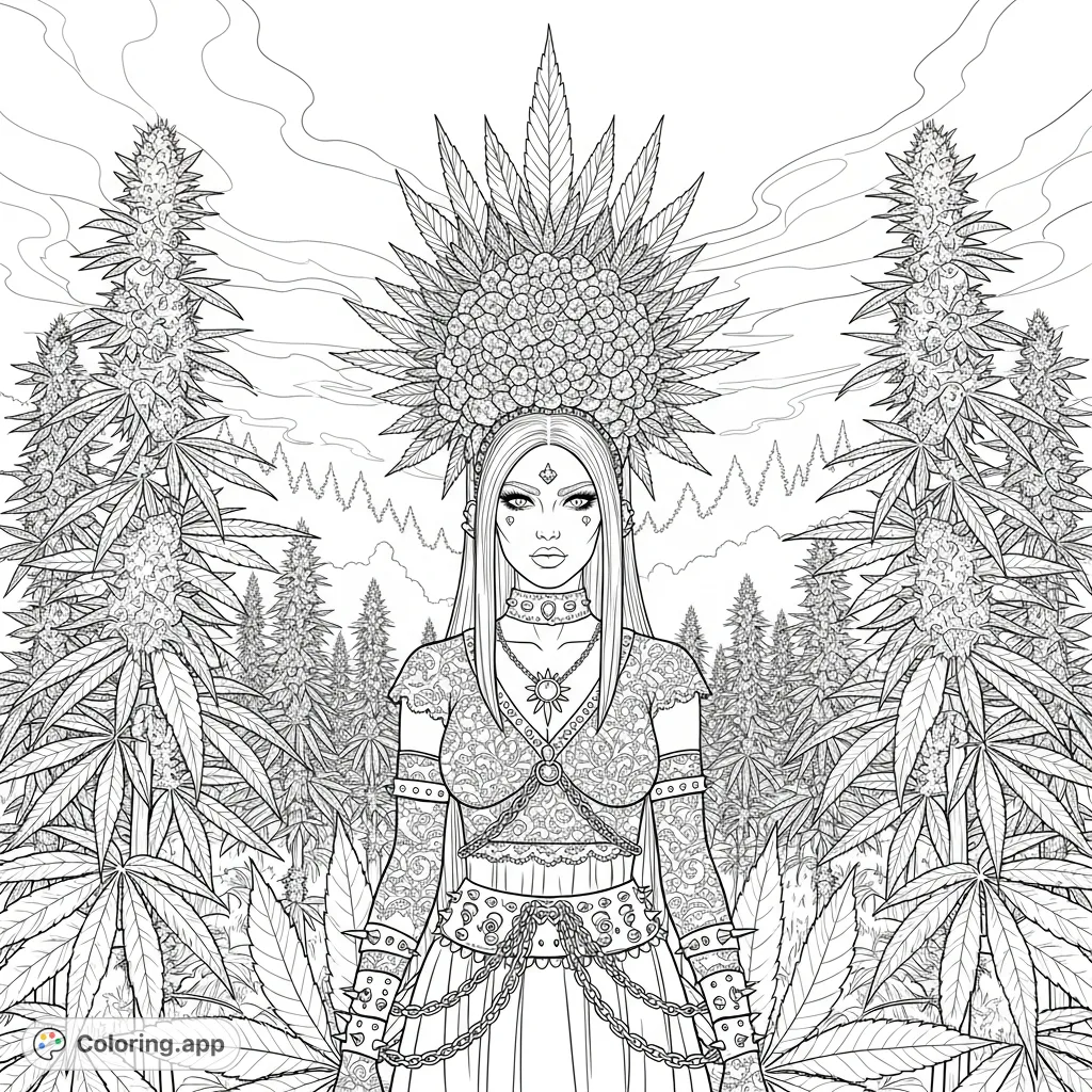 A powerful goth queen stands amidst a dense field of towering cannabis plants. She wears layered lace and studded leather, crowned with an ornate tiara crafted from cannabis elements.