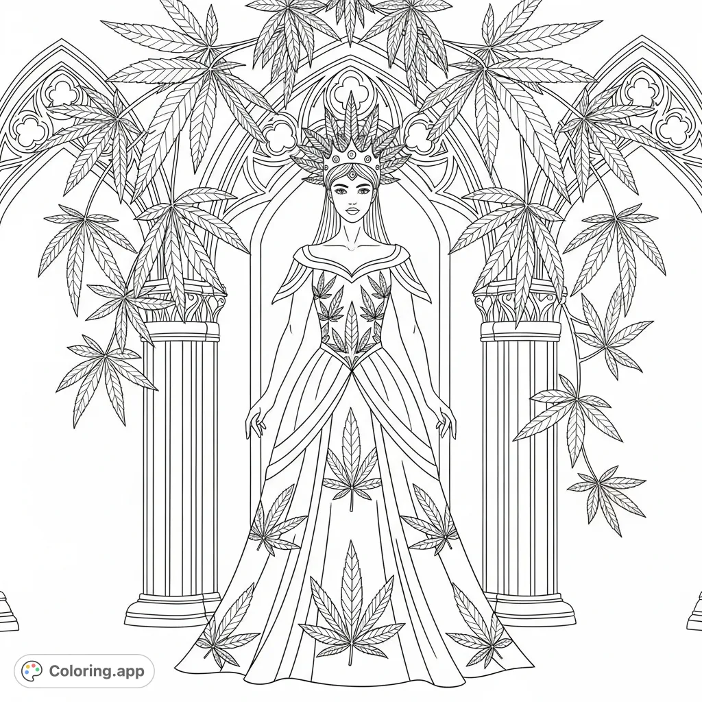 A captivating Gothic cannabis princess stands regally amidst intricate cannabis leaf motifs. A sophisticated and mystical design, perfect for adult colorists.