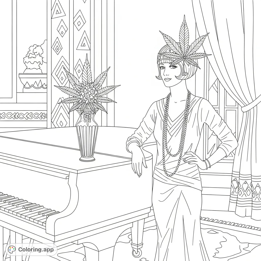 An elegant 1920s socialite poses beside a grand piano, adorned with a stylized cannabis flower and surrounded by geometric motifs. A sophisticated Roaring Twenties scene.