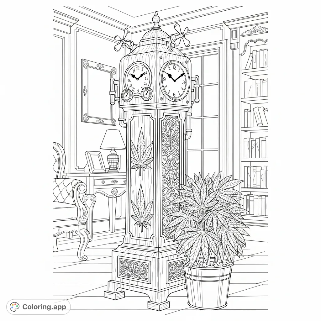 An ornate steampunk clock with etched cannabis leaves and a lush cannabis plant. Set in a detailed study, this page offers intricate design for adult colorists.