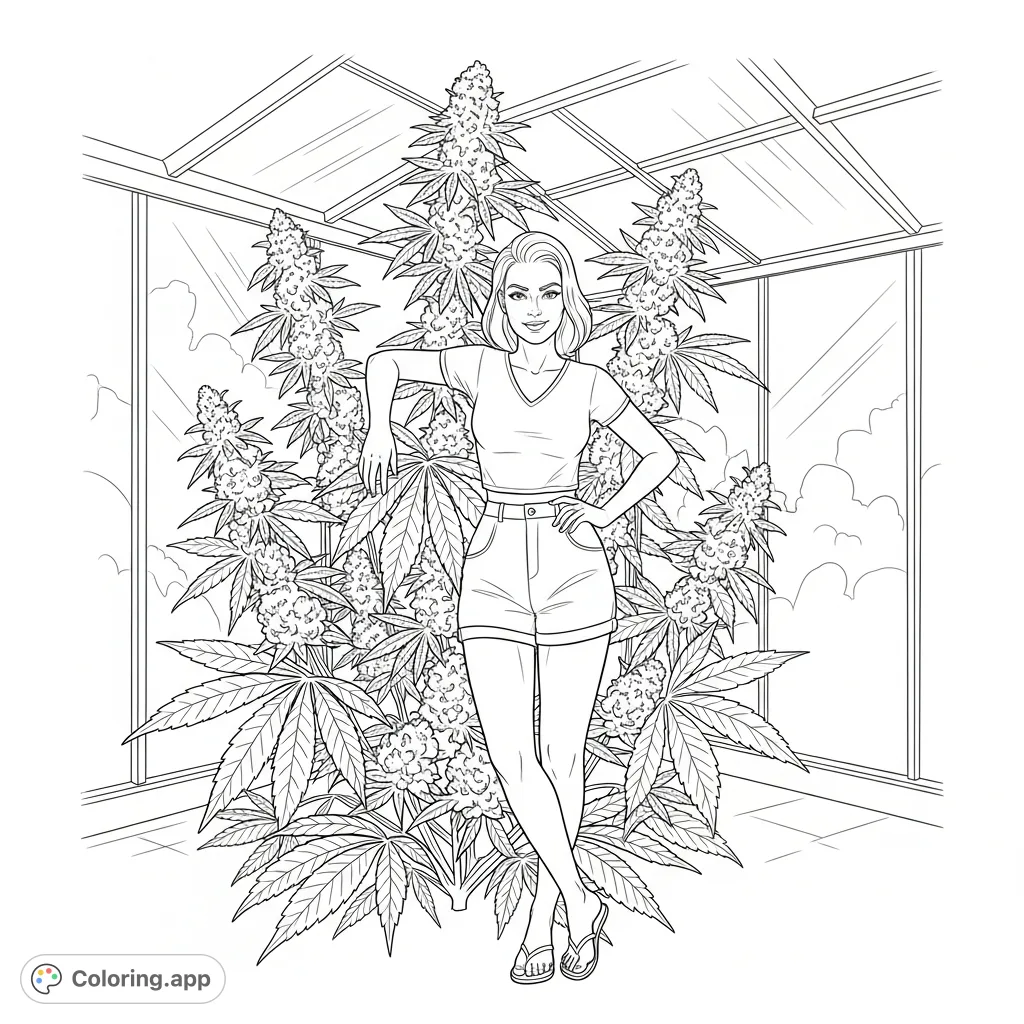 A confident woman poses with a lush cannabis plant in a sun-drenched greenhouse. This adult cannabis plant coloring page offers intricate details for mindful coloring.