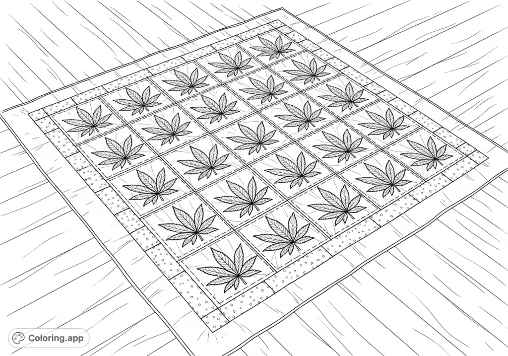 A detailed coloring page featuring a hand-stitched quilt with numerous cannabis leaf patches, bordered by fabric strips, lying on a wooden floor. Perfect for intricate coloring.