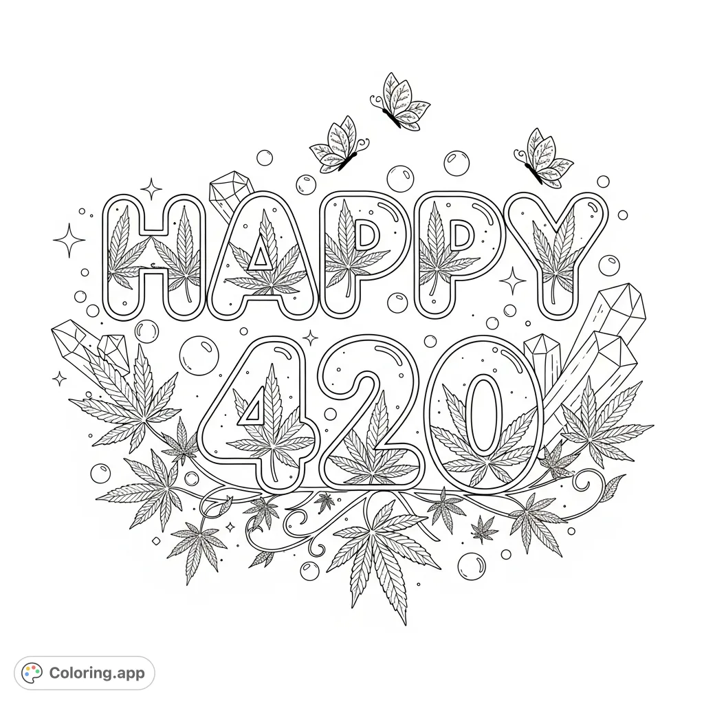 A unique 'HAPPY 420' coloring page with feminine cannabis leaf patterns, sparkling crystals, floating bubbles, delicate leaf sprigs, and whimsical butterflies.