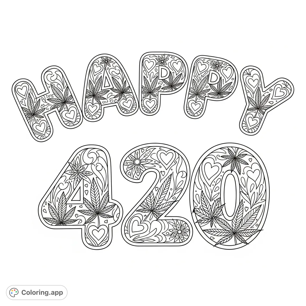 Intricate 'HAPPY 420' lettering, each character adorned with stylized cannabis leaves, hearts, and floral patterns. A unique, detailed coloring page for relaxation.