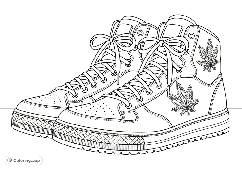 A detailed high-top athletic sneaker coloring page featuring intricate cannabis leaf motifs, visible stitching, and textured soles. Perfect for adults seeking unique designs.