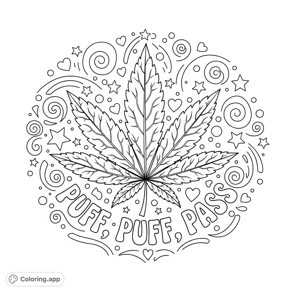 A fun, decorative cannabis leaf design featuring a "Puff, Puff, Pass" quote, surrounded by whimsical stars and hearts. A unique adult coloring page.