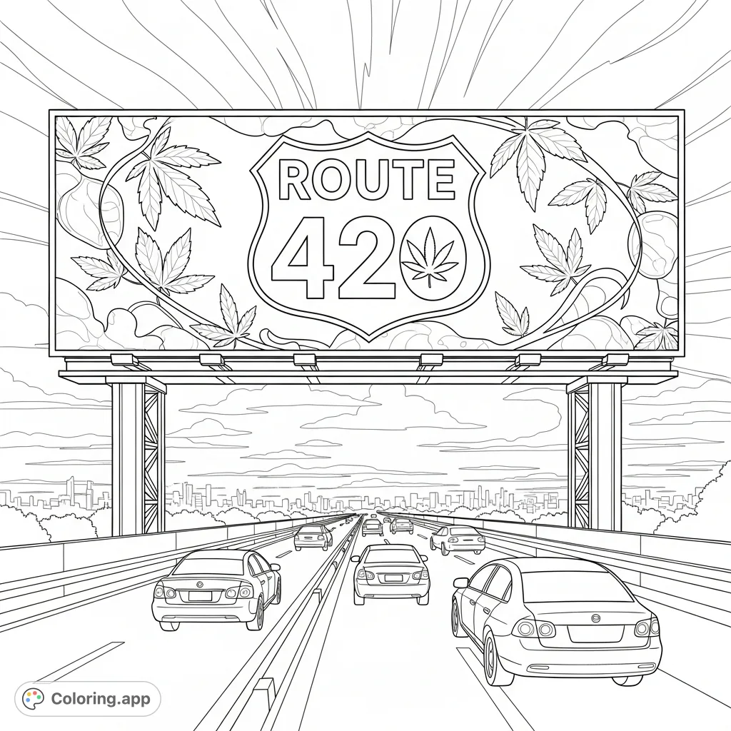 Color a prominent highway billboard featuring 'ROUTE 420' text with a stylized cannabis flower, overlooking a busy highway with city buildings.