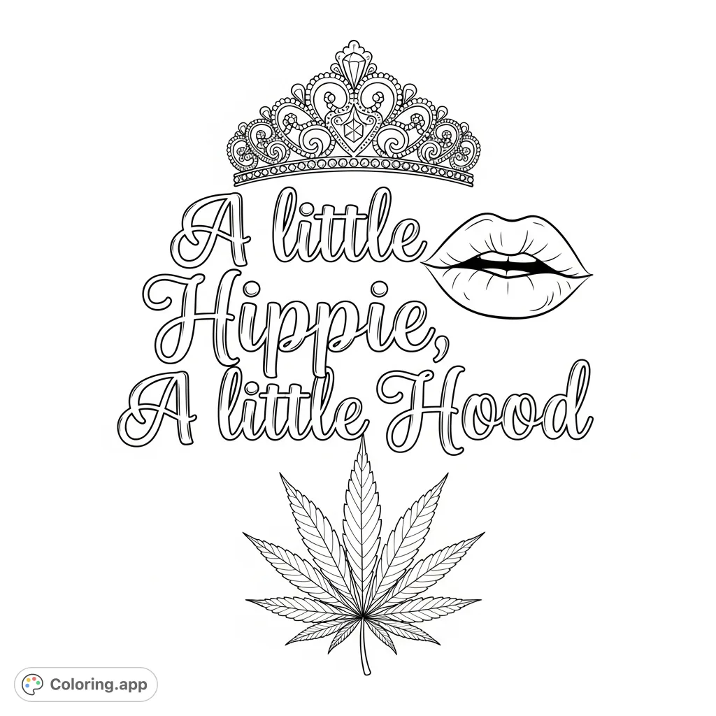 Unleash your creative spirit with this unique "A little Hippie, A little Hood" coloring page, featuring a cannabis leaf, tiara, and shapely lips.