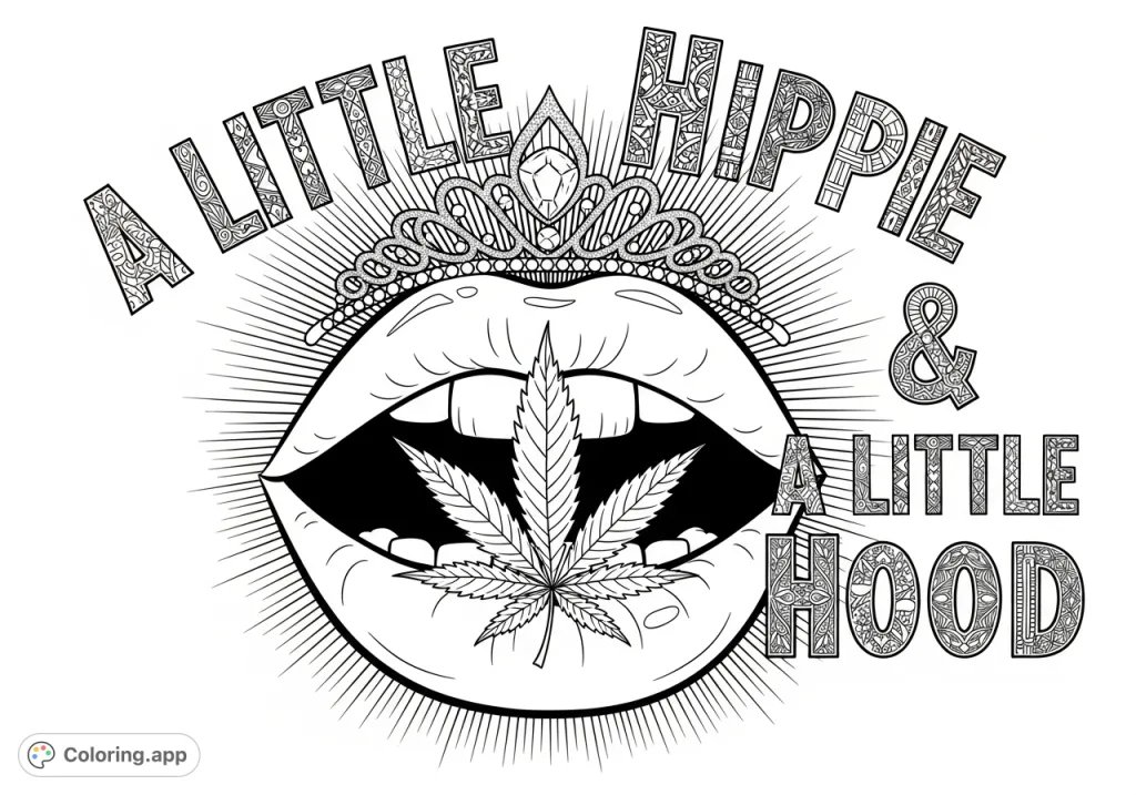 An expressive mouth features a jeweled tiara and a cannabis leaf, set against the intricately patterned phrase 'A little Hippie & A little Hood'.