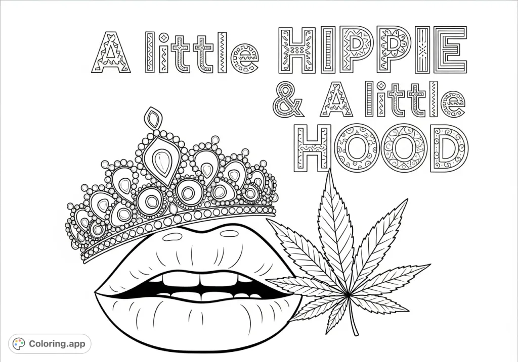 Expressive lips with an askew tiara and cannabis leaf, overlaid with "A little Hippie & A little Hood" in patterned, stylized text. Perfect for adults.