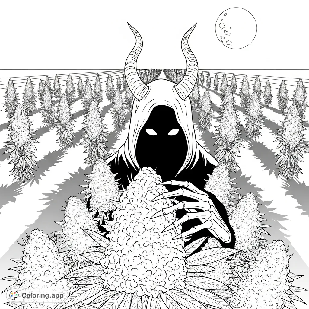 A mysterious horned figure with luminous eyes emerges from a dense cannabis field under a haunting moonlit sky, gently touching a textured bud.