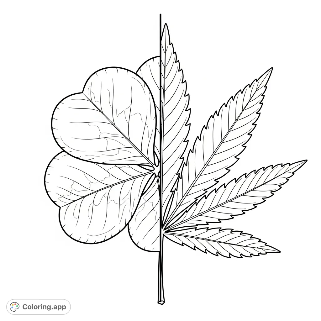 Explore a unique hybrid plant coloring page featuring a detailed close-up of a four-leaf clover and cannabis leaf fusion, perfect for botanical art lovers.
