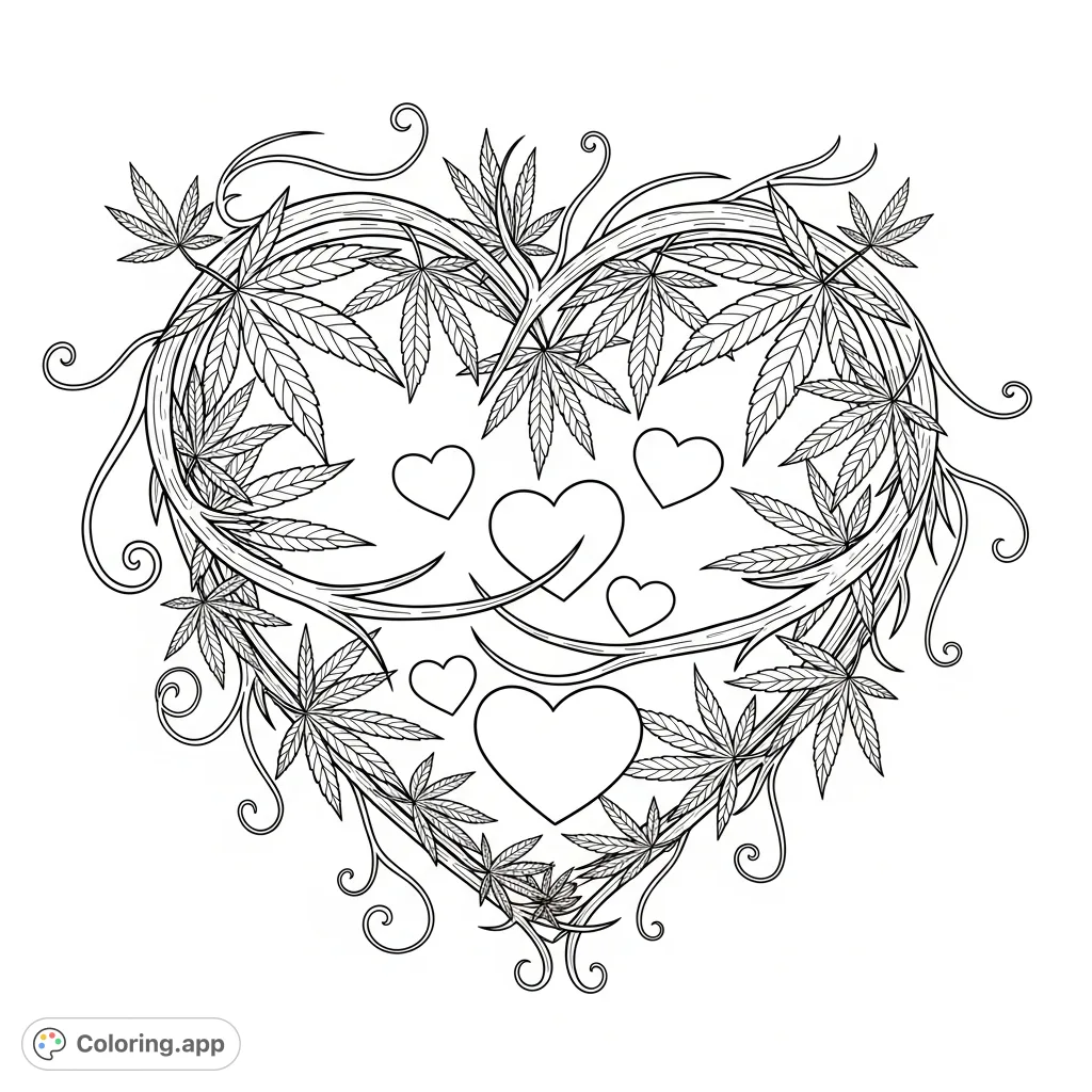 An intricate cannabis heart coloring page featuring intertwining leaves forming a large heart, cradling smaller hearts, with delicate tendrils creating an organic border. A unique design for mindful coloring.