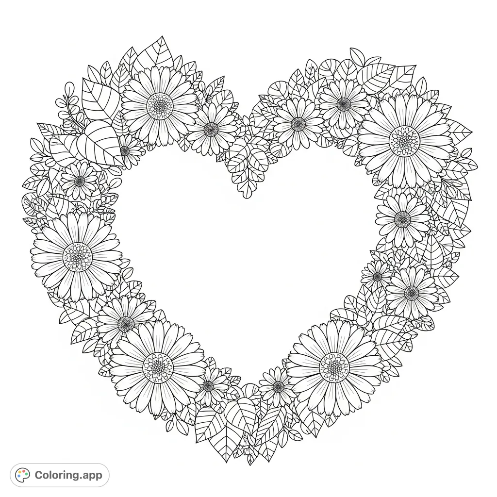Discover an intricate botanical heart frame, featuring abundant leaves, detailed daisies, and delicate blossoms forming a densely intertwined border. A serene floral heart coloring page.