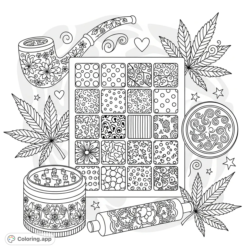 An intricate marijuana bingo page with a central card featuring diverse patterns. Stylized cannabis accessories and detailed leaves are surrounded by whimsical shapes, creating a unique scene.