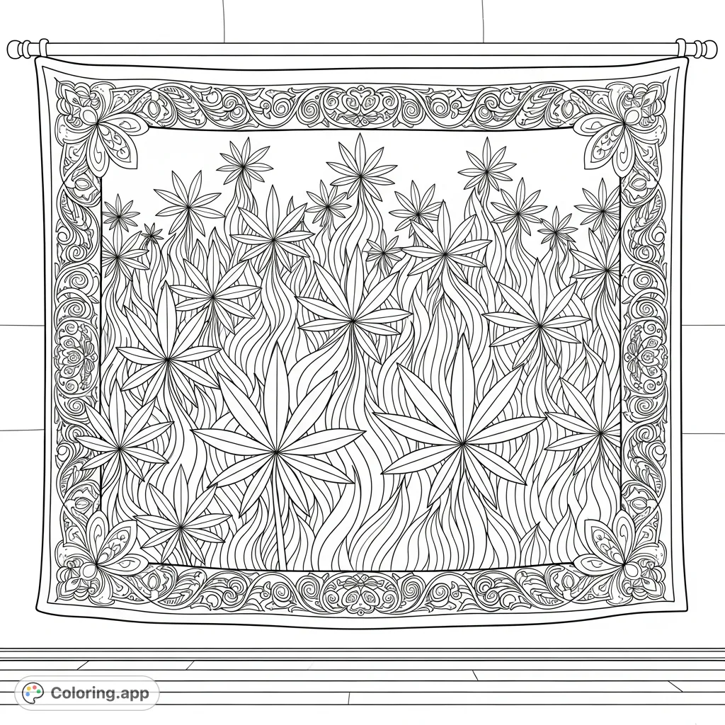 An intricate cannabis tapestry coloring page featuring stylized plants with repeating leaf patterns and abstract floral borders, perfect for adult colorists.