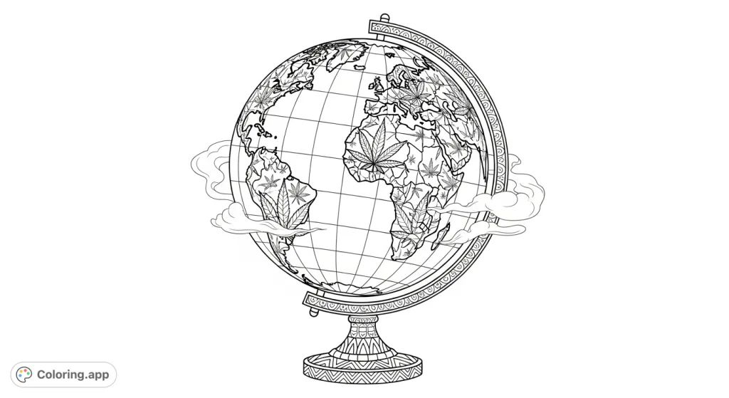 Discover a unique cannabis globe coloring page featuring detailed leaf-shaped landmasses, precise grid lines, and wispy vapor, perfect for adult colorists.