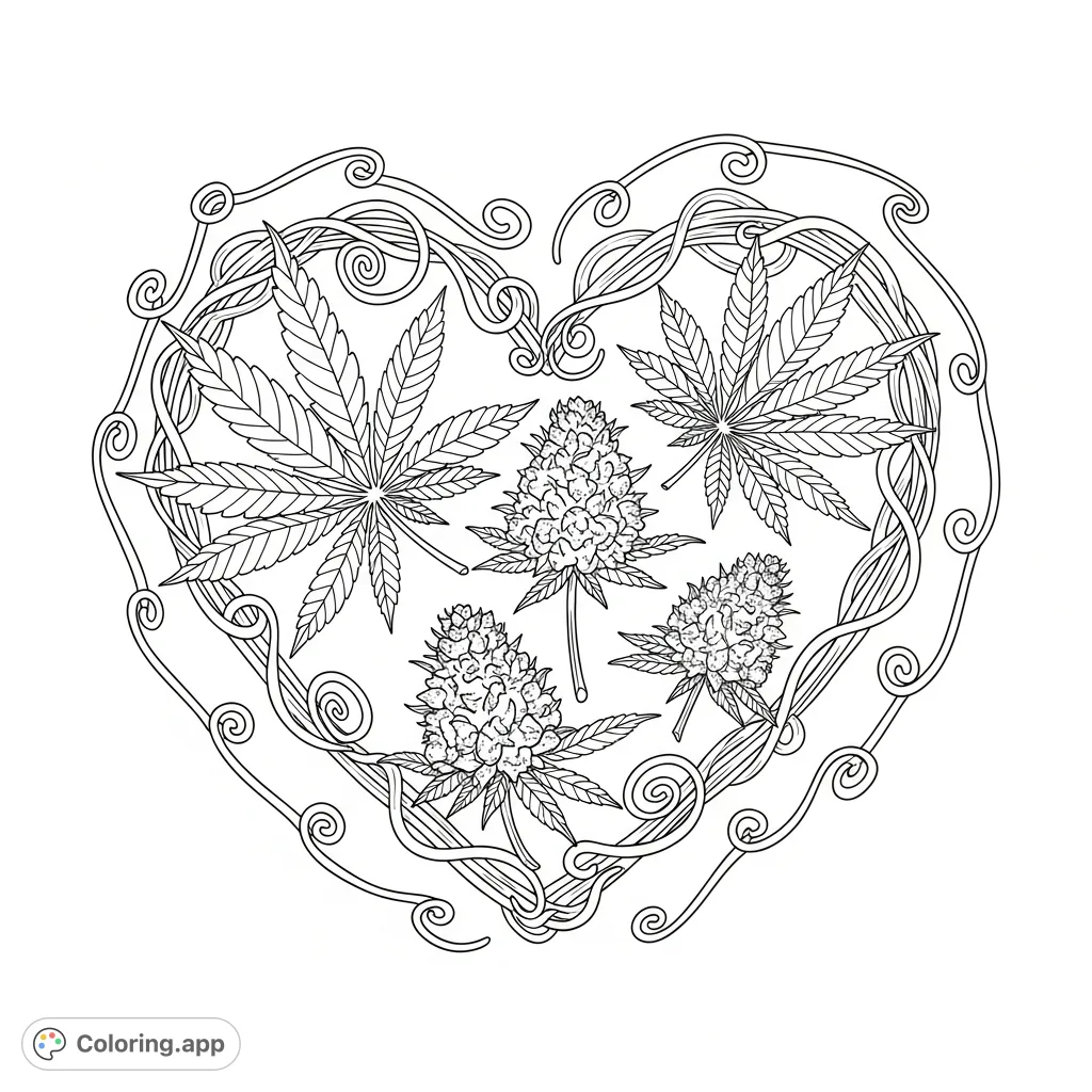 An intricate cannabis heart coloring page, formed by twisting stalks, detailed leaves, and three bursting flowers, framed by a delicate spiraling tendril.