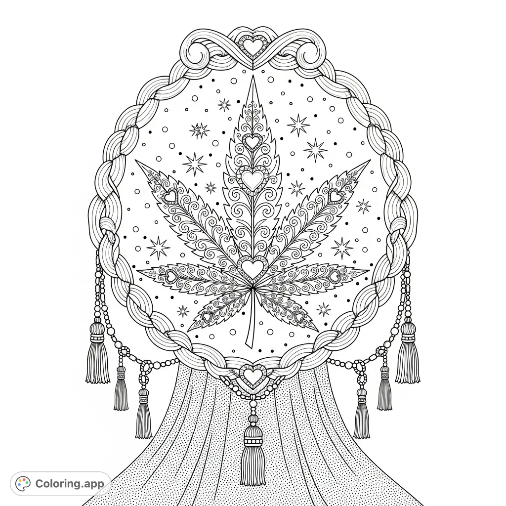 A detailed cannabis leaf centerpiece adorned with filigree, jewels, and stars, set within a braided heraldic crest with dangling tassels on textured fabric.