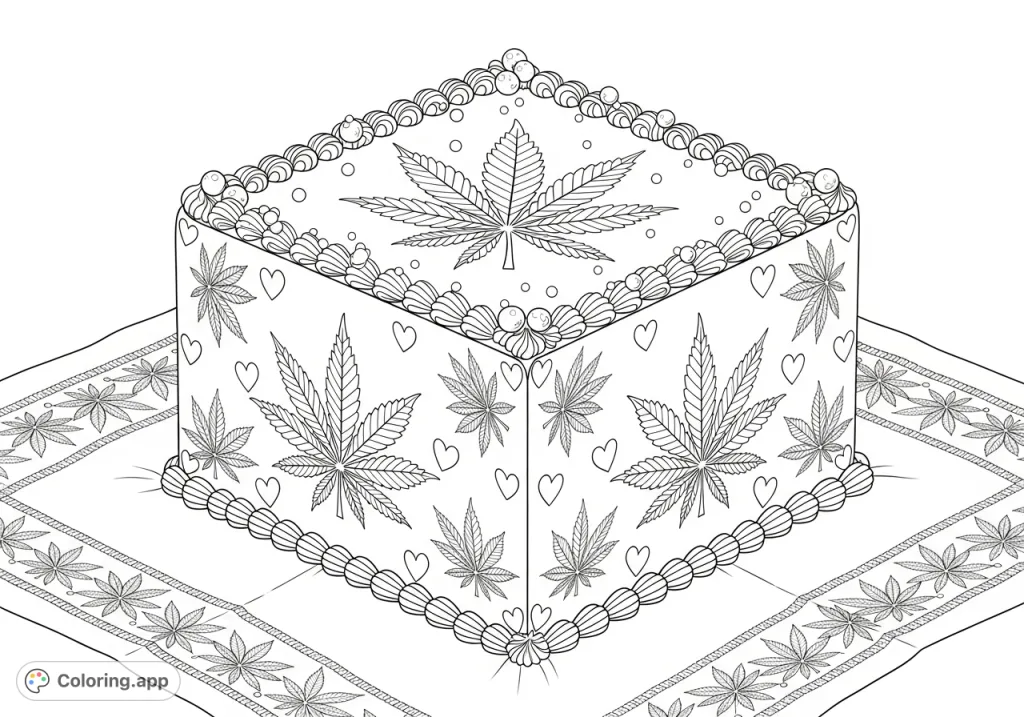 An intricate square cake with sculpted cannabis leaf motifs on its sides and delicate sugar piping on top, resting on an embroidered tablecloth. A detailed adult coloring page.