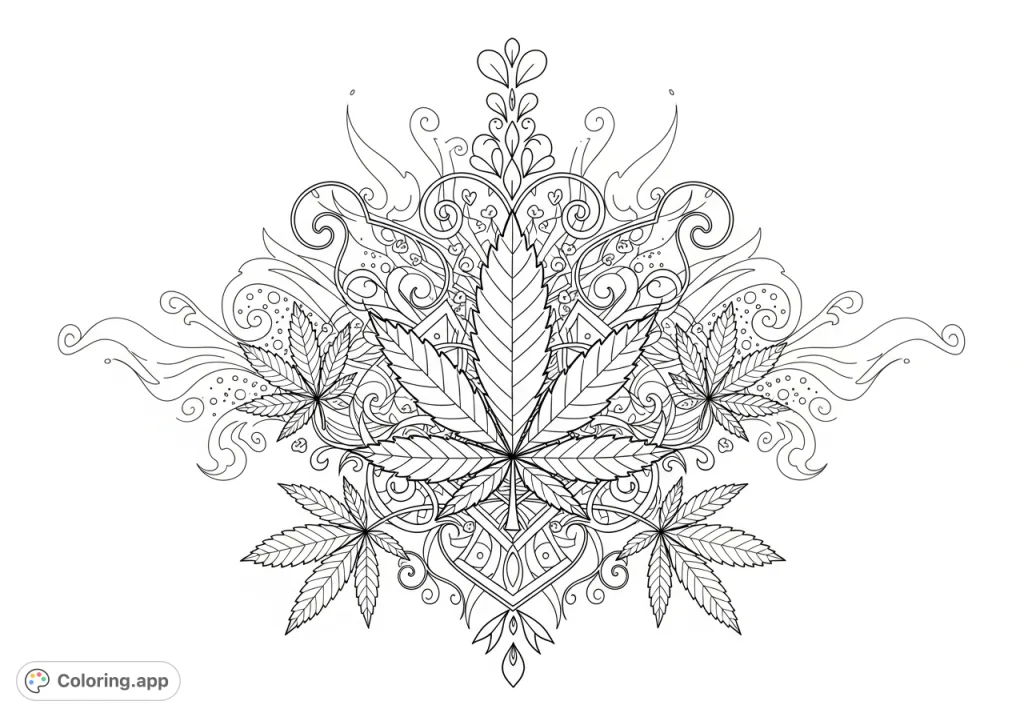 Explore an intricate cannabis leaves coloring page with symmetrical designs, detailed foliage, swirling vines, and atmospheric smoke patterns for a unique coloring experience.
