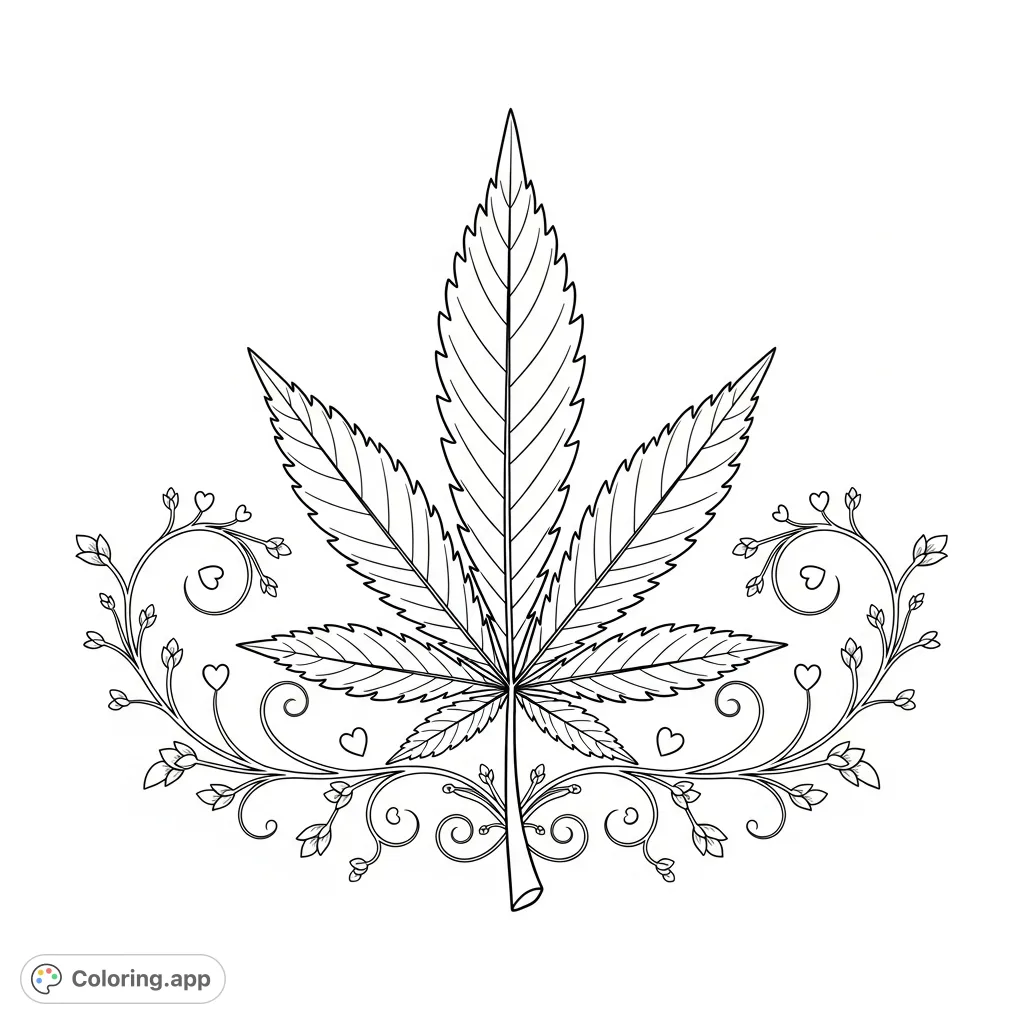 Discover a unique cannabis leaf coloring page, featuring a prominent leaf with swirling vines, tiny buds, and heart shapes for a relaxing, creative experience.
