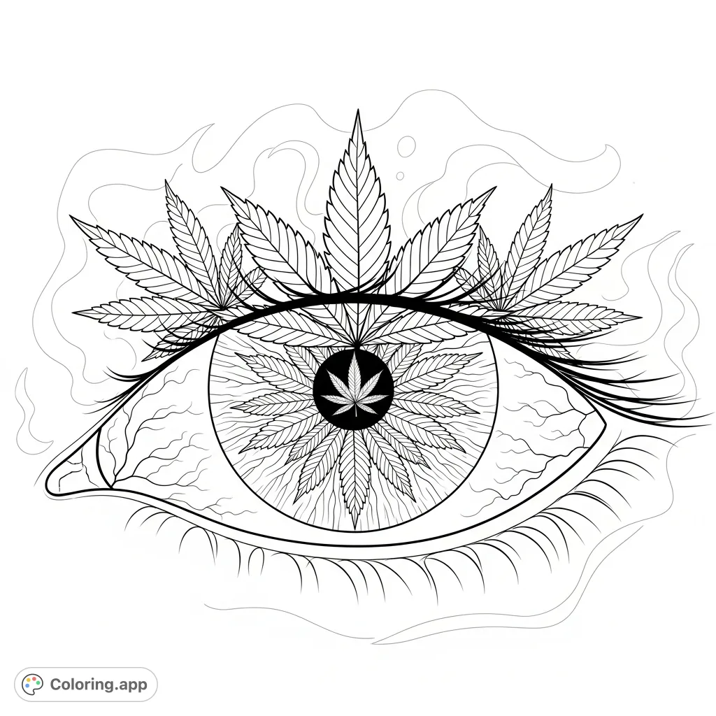 Explore a unique cannabis leaf eye coloring page. An intricate iris of overlapping leaves, a leaf-shaped pupil, and delicate veins create a striking botanical vision.