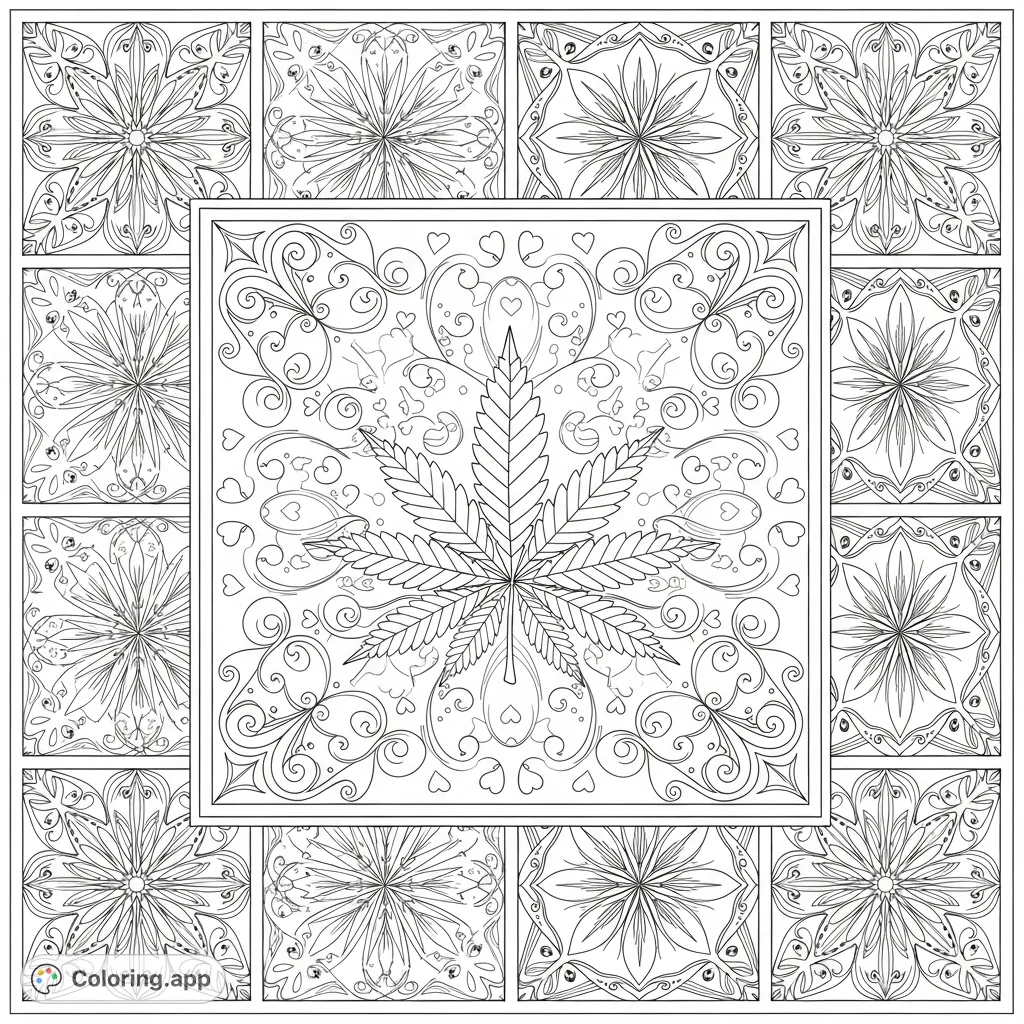Discover a complex cannabis leaf pattern coloring page featuring a grand central panel with ornate leaves, vines, hearts, and ribbons, surrounded by eight unique, smaller panels.