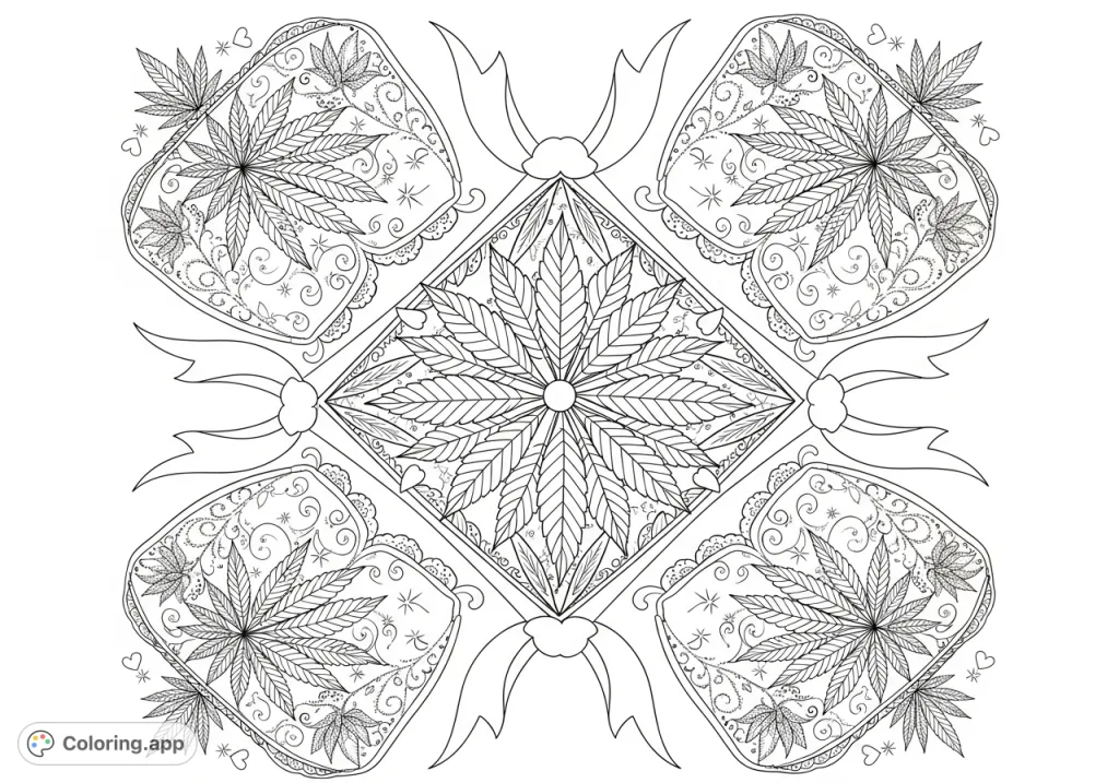 An elaborate central panel features stylized cannabis leaves intertwined with delicate lace, radiating into diamond-shaped designs with hearts, starbursts, and swirling vines.