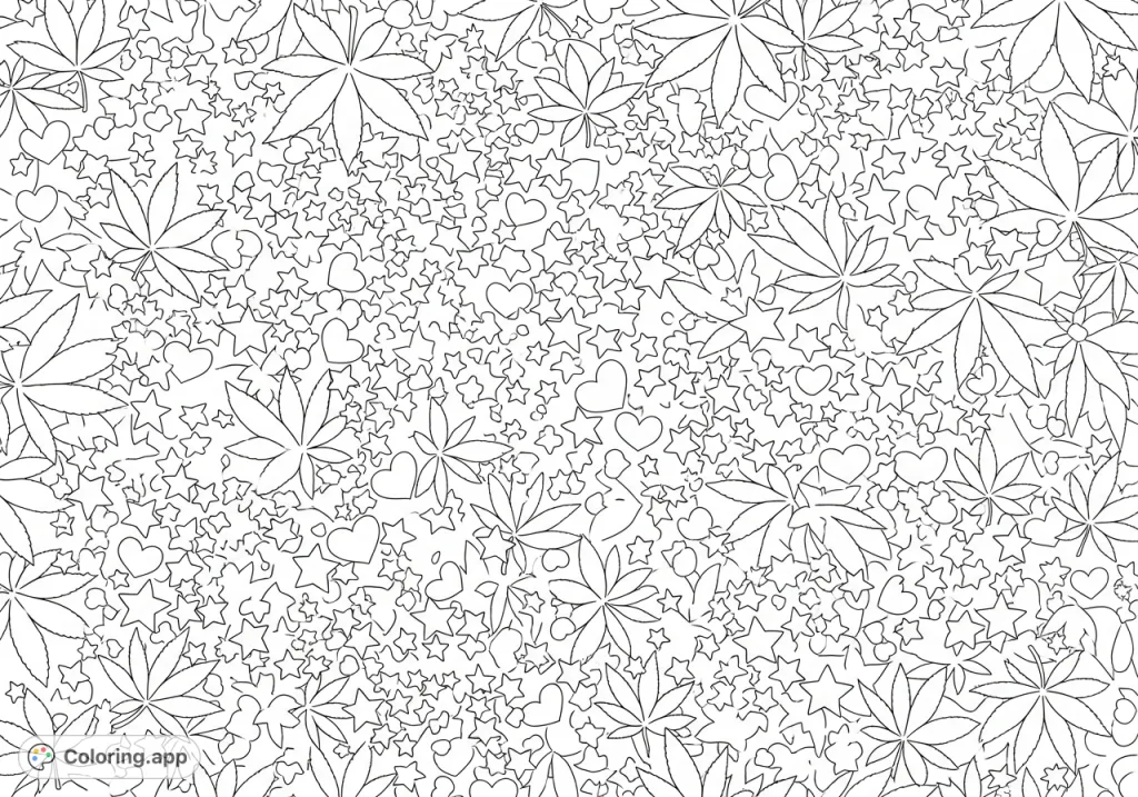 Discover a detailed cannabis leaf coloring page, featuring a dense tapestry of leaves, tiny stars, and hearts, perfect for adult relaxation and creativity.