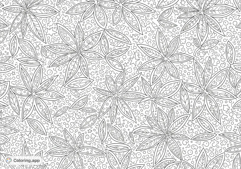 Explore an intricate, seamless pattern featuring stylized cannabis leaves, whimsical polka dots, and tiny stars. A detailed, decorative textile design.