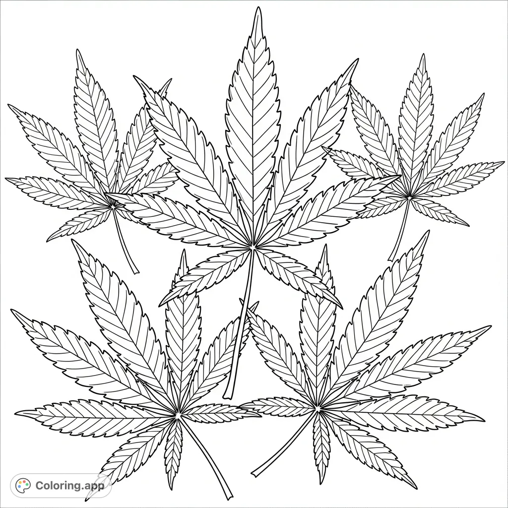 Unwind with this intricate cannabis leaf coloring page, featuring multiple leaves detailed with complex patterns, perfect for adult colorists.