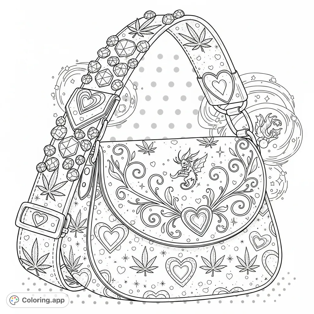A detailed coloring page featuring a generously sized purse. The prominent strap boasts cannabis leaf emblems, while the flap has swirling vines. Intricate and unique.