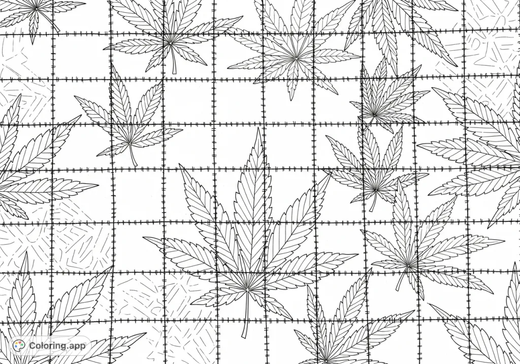 Discover a detailed cannabis leaf quilt coloring page, featuring intricate stitching, textured fabric patches, and finely veined leaves for adult colorists.