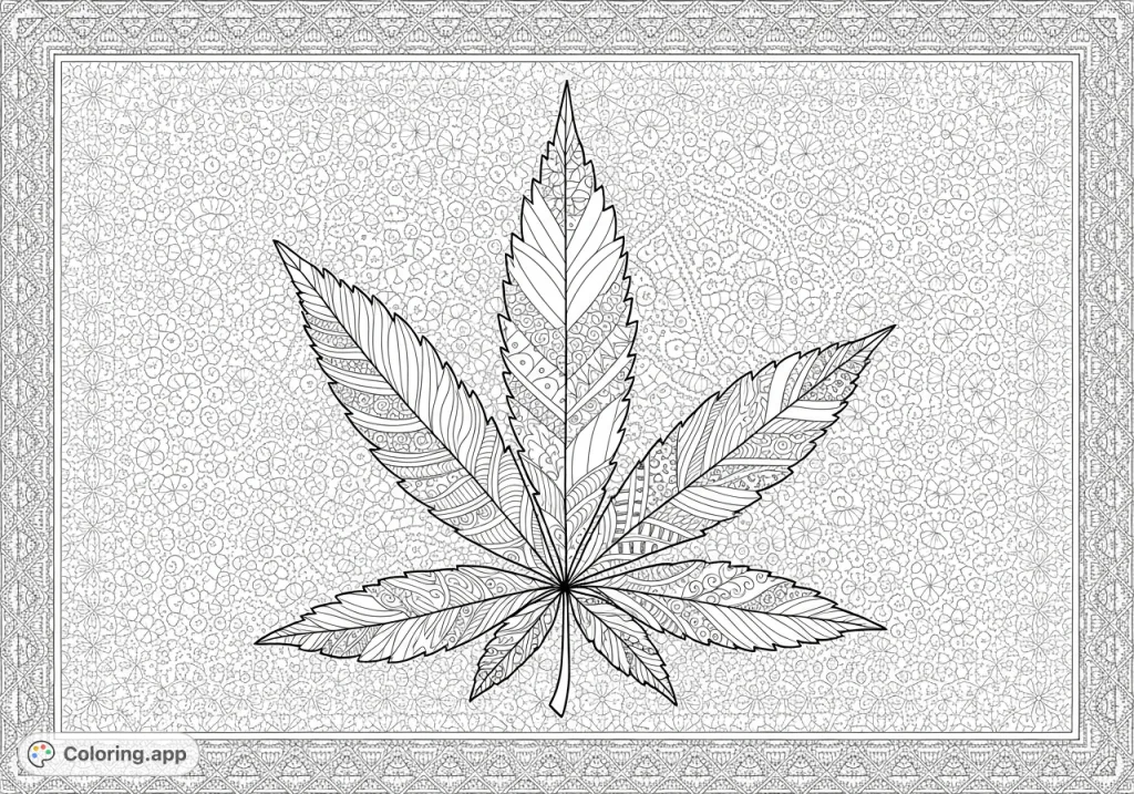 An intricate cannabis leaf coloring page featuring delicate lace, silk pleats, embroidered swirls, and a complex geometric border, perfect for adult colorists.