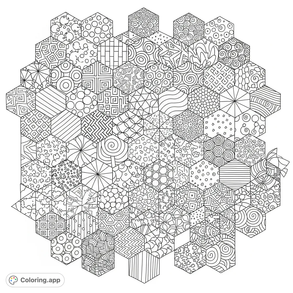 Explore an intricate hexagonal mosaic featuring diverse cannabis-themed geometric patterns, perfect for mindful adult coloring and artistic expression.