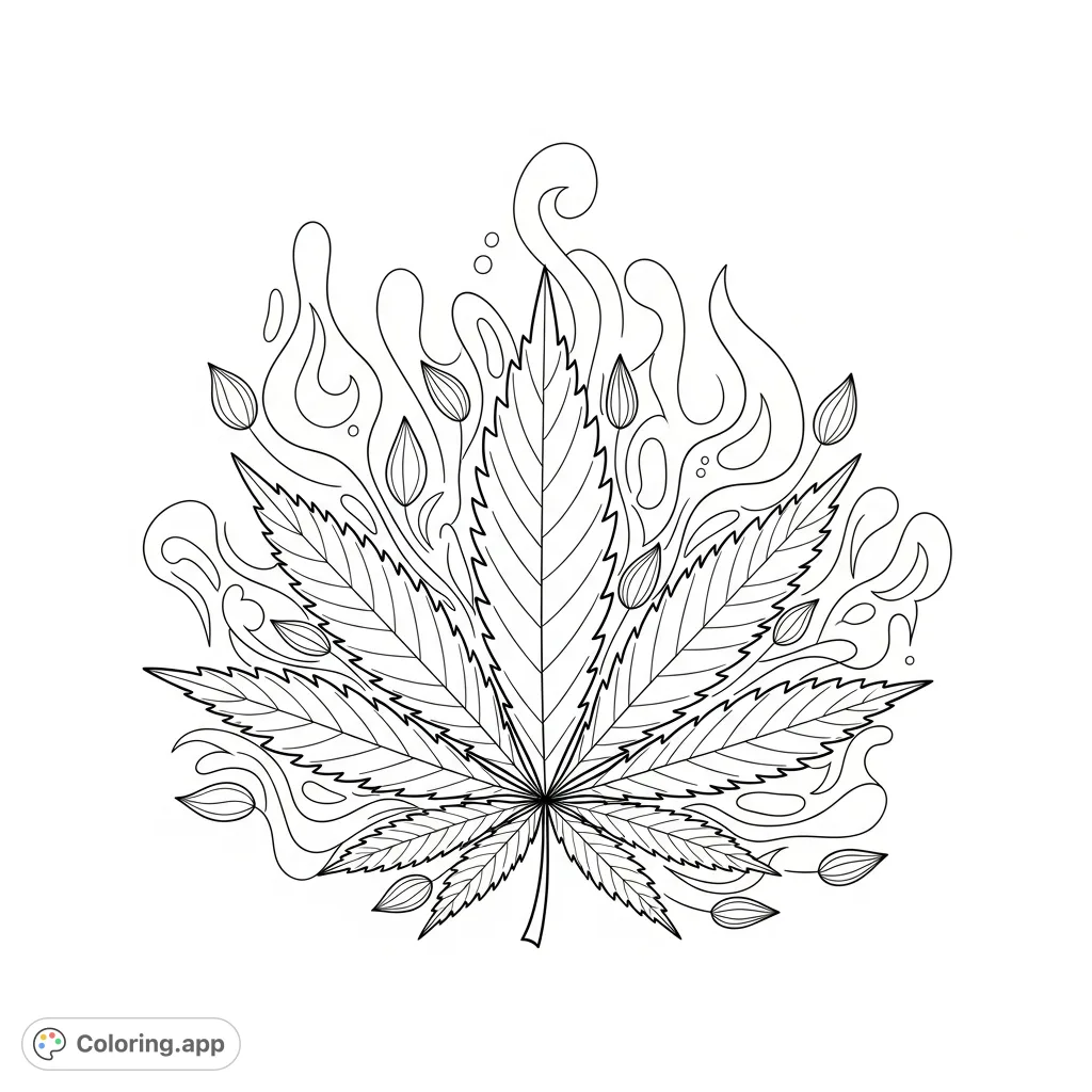 A detailed cannabis plant motif with a prominent seven-pointed leaf, smoke-like patterns, and subtle seed pods. An intricate design for mindful coloring.