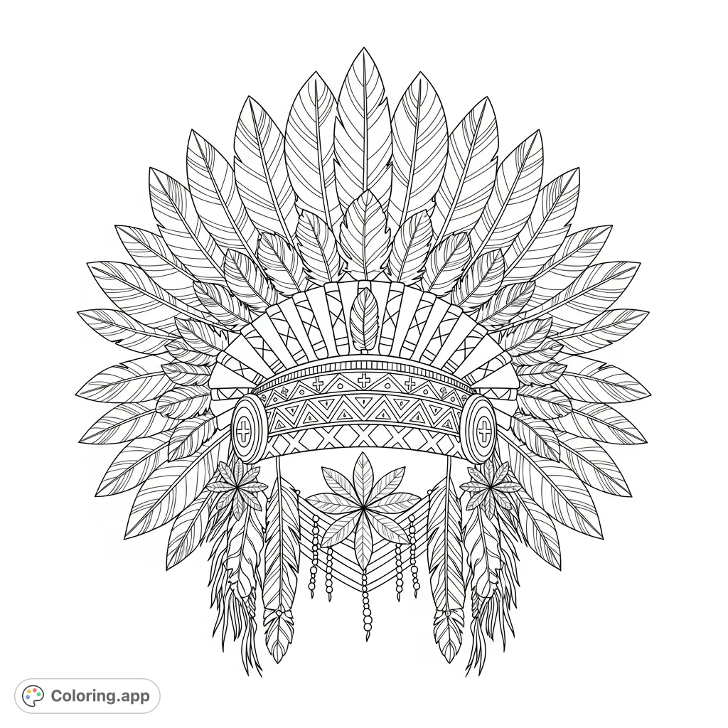 An intricate Native American-inspired headdress coloring page, featuring layered feathers, detailed geometric beadwork, unique seven-pointed leaves, and fringe.