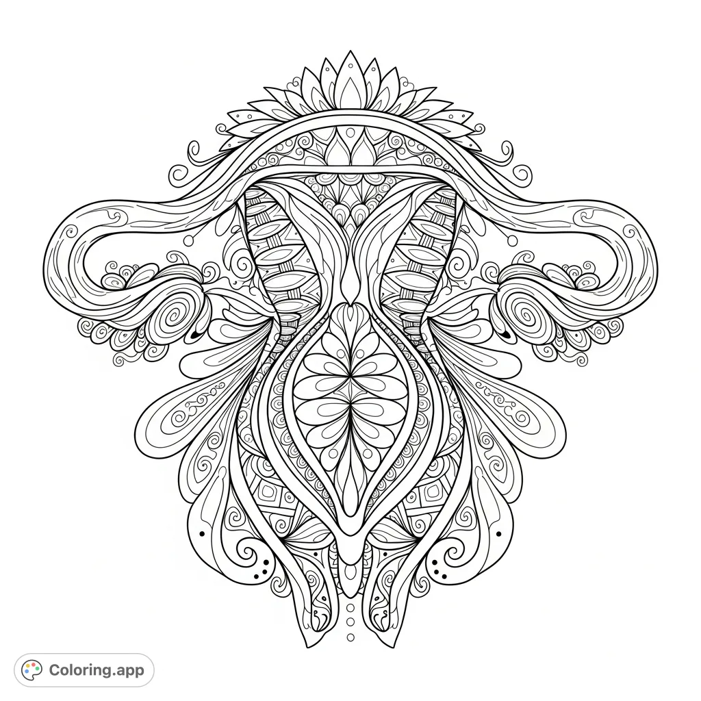 Explore a detailed vagina zentangle coloring page, featuring intricate geometric and organic patterns. A mindful adult coloring experience celebrating feminine form.