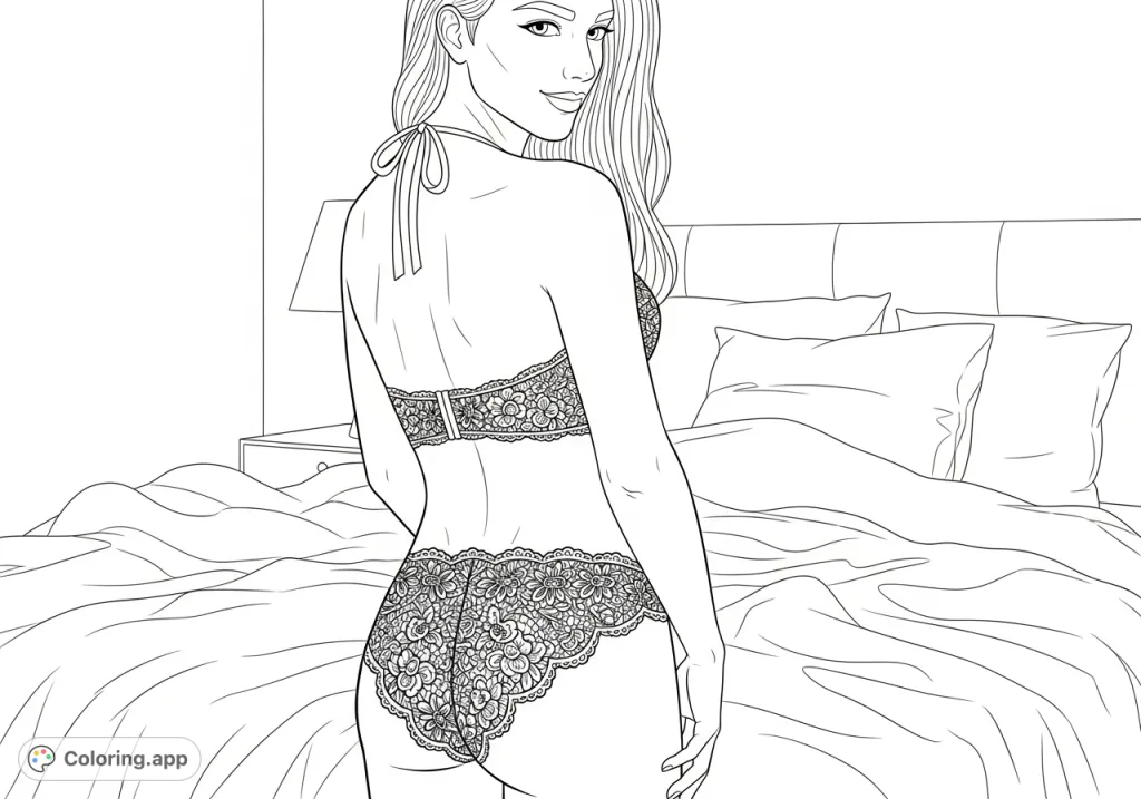 Color an alluring figure in a detailed two-piece lace garment, with cascading hair and intricate floral patterns, set against a softly folded duvet and pillows.
