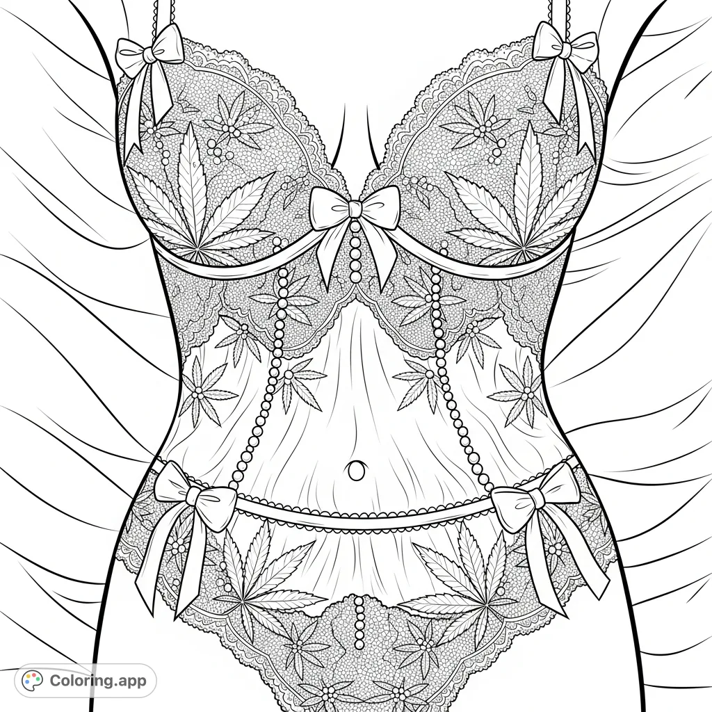 Detailed woman's torso in intricate lace lingerie with cannabis leaf motifs, pearls, and satin bows. A sophisticated and elegant design for adult colorists.