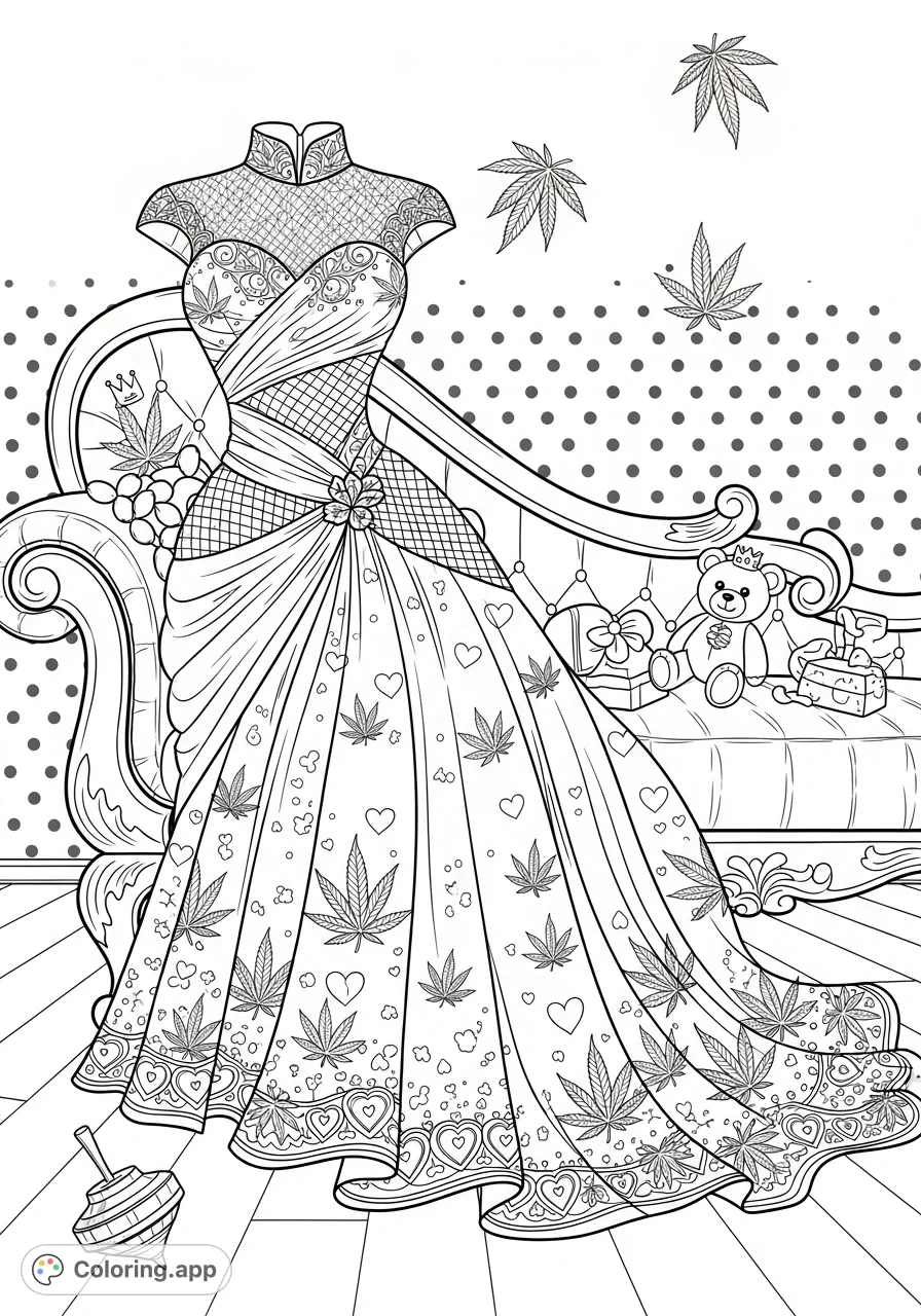 An opulent formal gown, featuring an intricate stylized marijuana leaf pattern, rests gracefully on an ornate chaise lounge. Rich textures and details await your artistic touch.